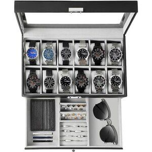 Watch Box Organizer 12 Slot Glass Lid Leather Jewelry Case for Men Women